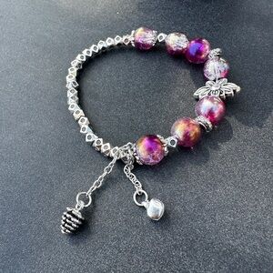 Purple Beaded Bracelet w Lotus Charm
